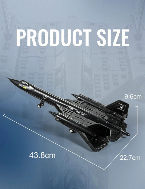 SR-71 Blackbird Reconnaissance Aircraft Building Block Set For Kids And Adults displayed with dimensions on blue background
