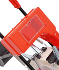 Close-up of Hand Push Seeder Machine With 10 Spouts, Garden Row Planter And Fertilizer Applicator, showing red and black components
