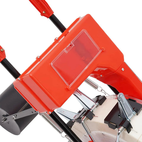 Close-up of Hand Push Seeder Machine With 10 Spouts, Garden Row Planter And Fertilizer Applicator, showing red and black components