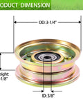 Flat idler pulley side view with bearing, zinc-plated metal, 3-1/4 in OD, 3/8 in bore, 1-1/8 in height