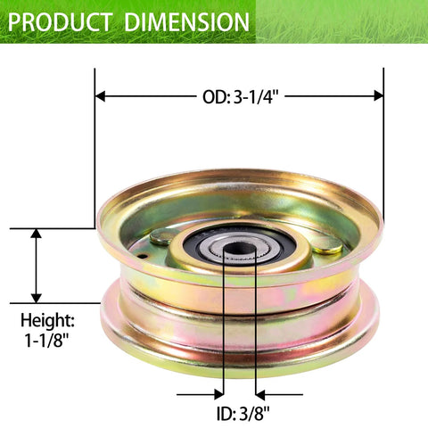 Flat idler pulley side view with bearing, zinc-plated metal, 3-1/4 in OD, 3/8 in bore, 1-1/8 in height