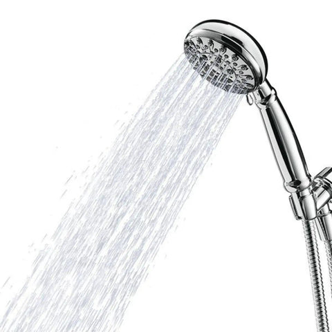 Banbury Spot Resist Brushed Nickel 5 Spray Hand Shower With Hose And Bracket showing wide water spray and flexible hose in use.