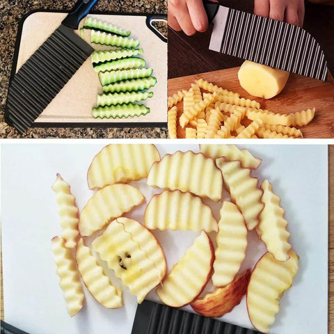 SHengwin crinkle cutter for vegetables with stainless steel blade and dark handle; creates wavy potato and cucumber fries.