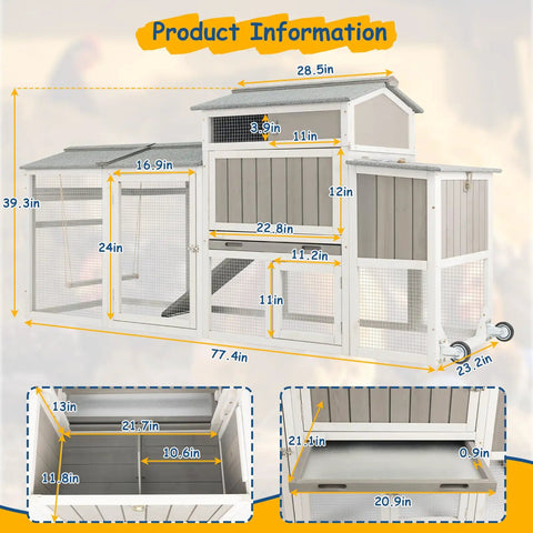 Wooden Chicken Coop On Wheels For Easy Backyard Mobility Large Outdoor Hen House With Waterproof Roof Nesting Box Easy Clean Tray
