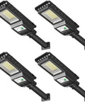 Four solar powered motion sensor flood lights 1000LM 156 LEDs waterproof outdoor security lighting, easy install, black design.