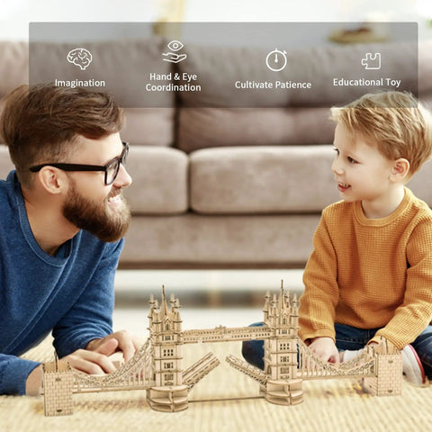 Father and son assembling Tower Bridge 3D Puzzle Wood Craft Kit With LED Light DIY Construction Model For Teens Dope Brain Teaser Gift Home Decor London Landmark Build Set Great Gift Idea For Birthday And Holidays on table.