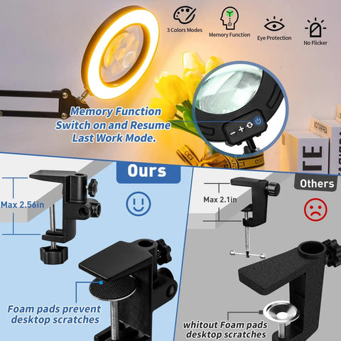 Ultra Long 12X And 30X Pro Grade Magnifying Lamp with Light and Clamp showing features and comparison with foam pad clamps