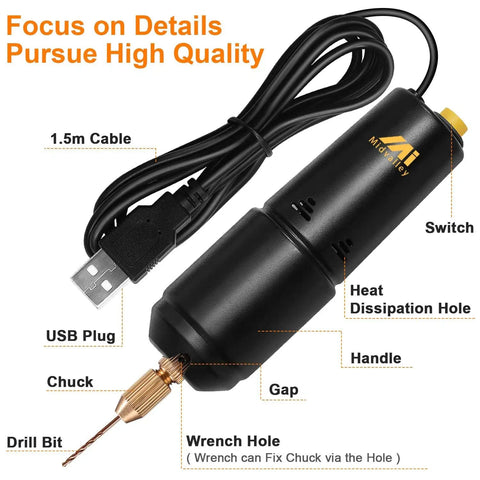 Pro Grade Electric Resin Drill Set Pin Vise Mini Hand Drill Kit with USB cable and switch visible for resin crafts DIY jewelry making keychains.