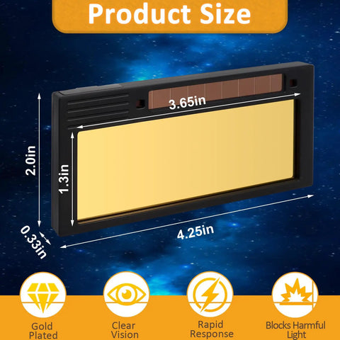 Shade 5-13 Auto-Darkening Welding Lens With True Color HD Deep Blue Weld View 2x4 One Quarter By 0.33 In Adjustable, size and features shown