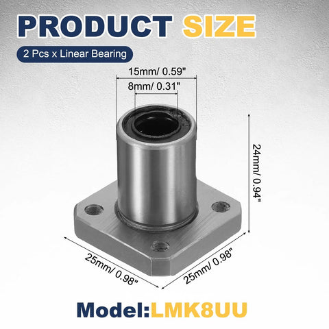Two Pack LMK8UU 8mm Bore Linear Ball Bearings With Square Flange And Double Sided Rubber Seal For CNC Machines And 3D Printers ABEC3 Precision, Smooth Motion, Easy Mounting, Built To Last, Heavy Load Capacity. 8mm bore, 15mm OD, 24mm long flange bearing