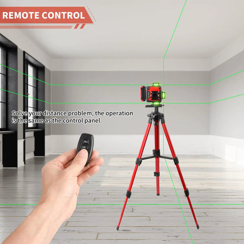 4D Self Leveling Laser Level With 16 Lines And 4x360 Degree Coverage on red tripod, controlled remotely, green cross beams visible