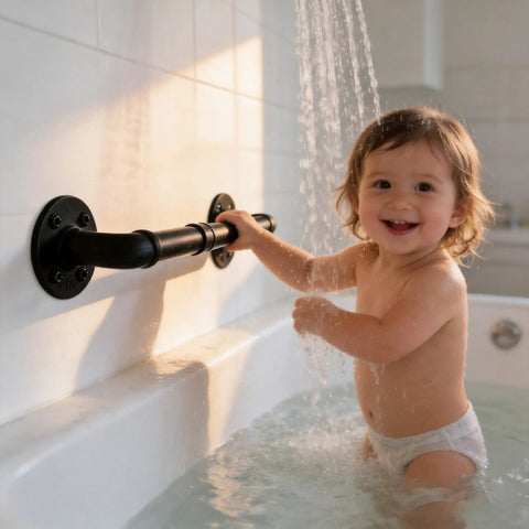 Heavy Duty Industrial Pipe Handrail For Indoor Stairs Wall Mount Metal Safety Rail Solid Staircase Grab Bar, used by a smiling child in a bath.