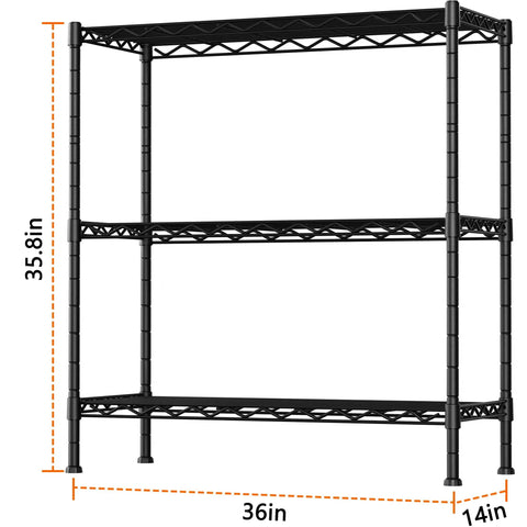 Beefy 3 Shelf Adjustable Metal Storage Rack 36 Inch Wide 14 Inch Deep 35.8 Inch High black wire organizer
