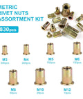 Rivet Nut Tool Kit 830-Piece SAE and Metric Rivet Nut Assortment M3 to M12 With Galvanized Carbon Steel Flat Head Threaded Inserts