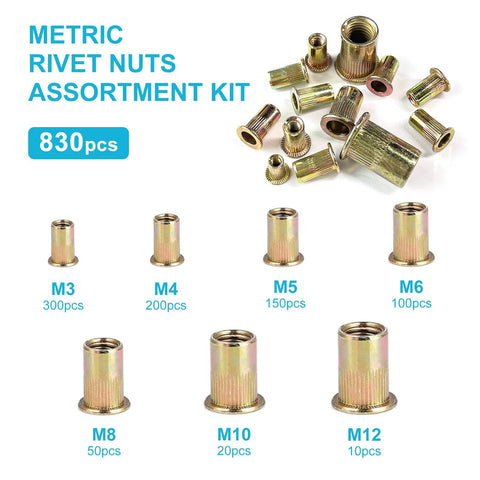 Rivet Nut Tool Kit 830-Piece SAE and Metric Rivet Nut Assortment M3 to M12 With Galvanized Carbon Steel Flat Head Threaded Inserts