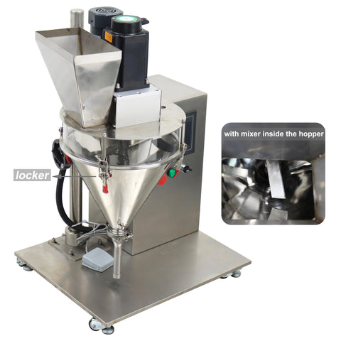 No Sweat Plug And Play Semi Automatic 10 To 200 Gram Powder Filler Machine With Clear Viewport And Mixer For Coffee Milk Feed Sugar Granule Packing Quick Setup Gear, stainless steel design with mixing feature.
