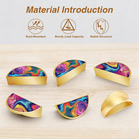 2 Pack Psychedelic Rainbow Fluid Art Cabinet Handles with 3 Inch Center Hole Semicircle Drawer Pulls, Gold Solid Zinc Alloy Hardware