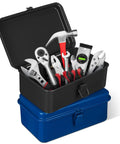 Built Tough Heavy Duty Metal Tool Box With Reinforced Body And Secure Locking Latch, black toolbox filled with tools on blue base.
