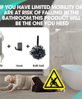 12 Inch No Drill Shower Grab Bar With Strong Suction Cup Safety Hand Rail For Bathtubs And Showers displayed with warning sign