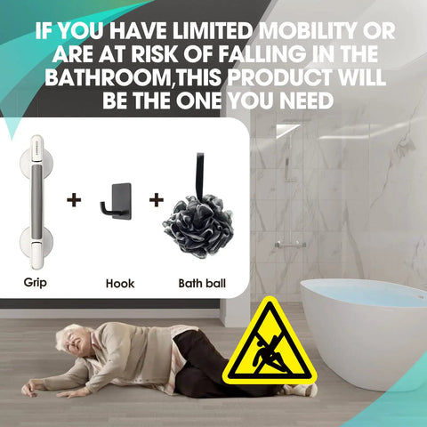 12 Inch No Drill Shower Grab Bar With Strong Suction Cup Safety Hand Rail For Bathtubs And Showers displayed with warning sign