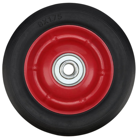 Front view of 8-inch solid rubber wheel, red center, 0.5-inch axle hole, part of Four Pack 8 Inch Solid Rubber Wheels For Hand Trucks Flat Free Quiet Durable Replacement Wheels With One Half Inch Axle Hole 220 Pound Load Capacity Rust Resistant No Flats Built For Tough Jobs