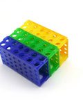 Linkable 4-Way Plastic Test Tube Rack Set In Assorted Blue Green Yellow Colors, Pack Of 3, heavy-duty polypropylene racks connected