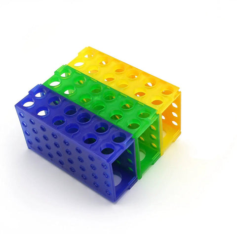 Linkable 4-Way Plastic Test Tube Rack Set In Assorted Blue Green Yellow Colors, Pack Of 3, heavy-duty polypropylene racks connected
