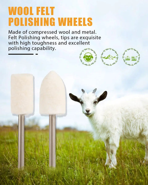 Wool Felt Polishing Wheels made of compressed wool and metal, showcasing tips for rotary tools from Hustle Free 140 Piece Drill Compatible Rotary Polishing Kit.