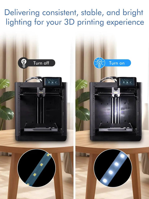 3D printer with LED Light Kit For Adventurer 5M And 5M Pro enclosures, showing lighting on and off with close-up of LED strips