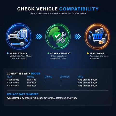 Check compatibility steps for Beats The Heat AC Evaporator Core For Dodge Ram 1500 2500 3500 2002 To 2006.