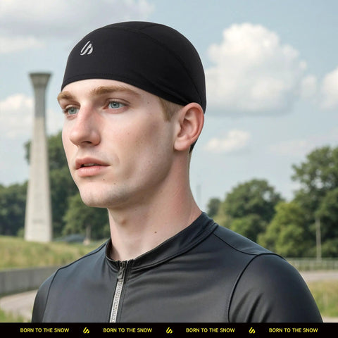 Three Pack Skull Caps For Men And Women, Stay Cool With Cooling Sweat Wicking Head Wraps For Welding And Cycling in use outdoors