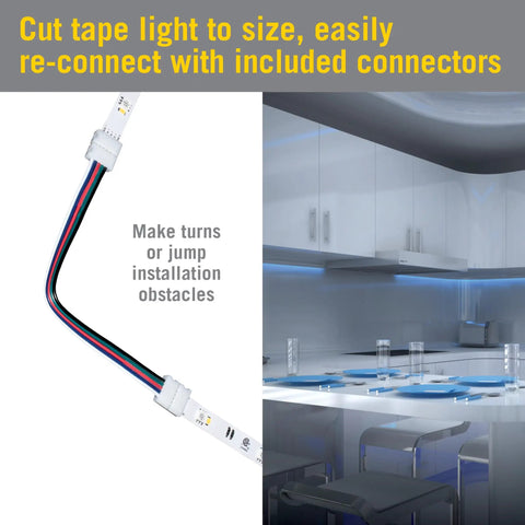 Hardwire 24V RGB Plus White LED Strip Light Kit Multicolor 16 Ft installed in modern kitchen with included connectors