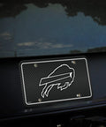 NFL Buffalo Bills Carbon Fiber Metal Auto Tag Paired With Official Vinyl Decals For Your Rig To Flex Big Team Pride And Crisp Die Cut Graphics On Your Daily Cruise on a black vehicle.