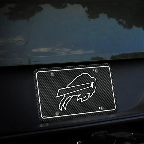 NFL Buffalo Bills Carbon Fiber Metal Auto Tag Paired With Official Vinyl Decals For Your Rig To Flex Big Team Pride And Crisp Die Cut Graphics On Your Daily Cruise on a black vehicle.