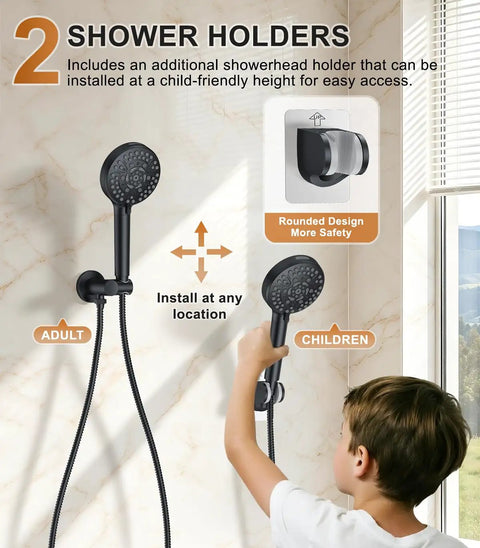 FAROLAN Shower Faucet Set, Wall Mounted Rain Shower System with 12"&6" Heads, showcasing two adjustable showerhead holders.