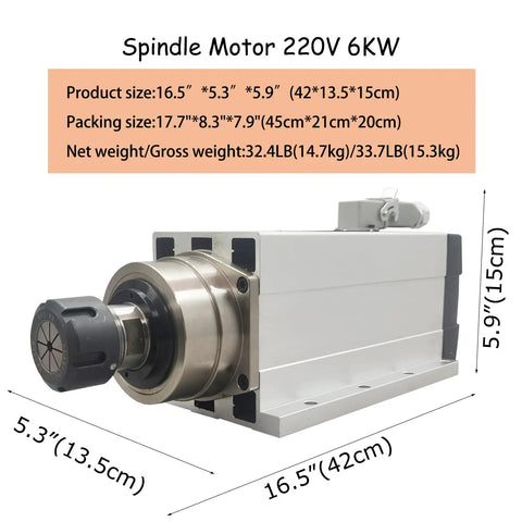 220V 6KW CNC Spindle Motor 18000RPM Square Body With ER32 Flange And Nut shown from side angle