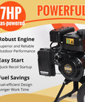 Beast Gas Powered Wood Chipper Shredder Mulcher 7HP engine detail with emphasis on power, easy start, and fuel savings.