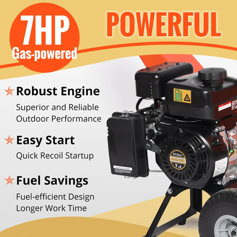 Beast Gas Powered Wood Chipper Shredder Mulcher 7HP engine detail with emphasis on power, easy start, and fuel savings.