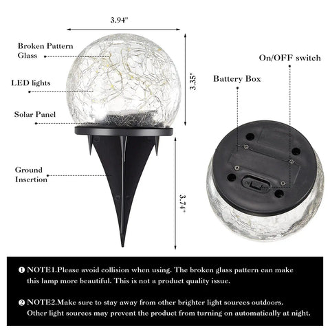 Diagram of 3.9 Inch Solar Globe Lights Outdoor Six Pack Waterproof Cracked Glass Balls with LED and battery compartment.
