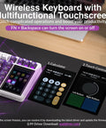 High End Wireless Mechanical Gaming Keyboard With Built In Smart Touchscreen Hub And Compact 96 Percent Design showing touchscreen features and calculator.