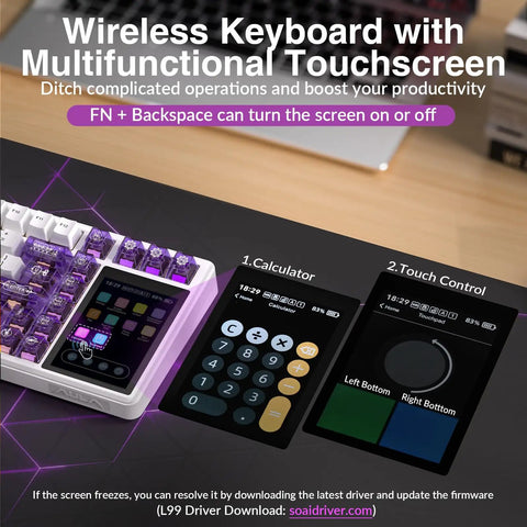 High End Wireless Mechanical Gaming Keyboard With Built In Smart Touchscreen Hub And Compact 96 Percent Design showing touchscreen features and calculator.