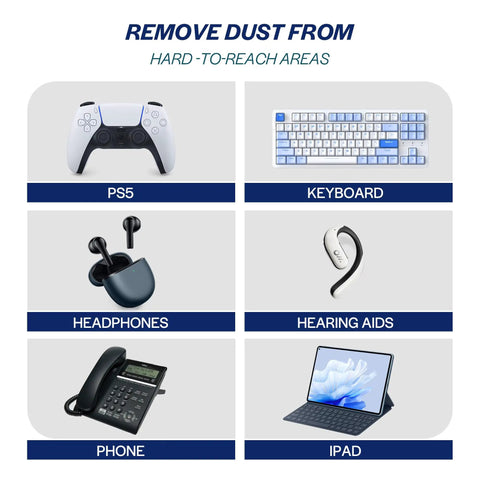 Keyboard Cleaner Air Spray For Computers And Electronics 10oz Can Duster 3 Pack with images of devices like PS5, keyboard, and headphones