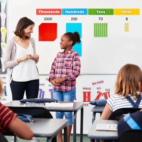 Teacher and student with Jumbo Colorful Magnetic Base Ten Blocks Set 131 Plus 4 for math learning on classroom board.