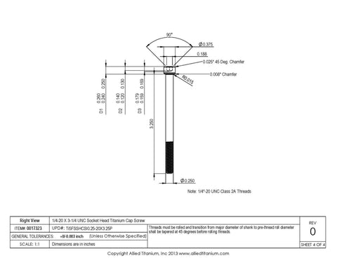 1/4-20 By 3-1/4 Inch Ti-6Al-4V Titanium Socket Head Cap Screw technical drawing with dimensions and specifications.
