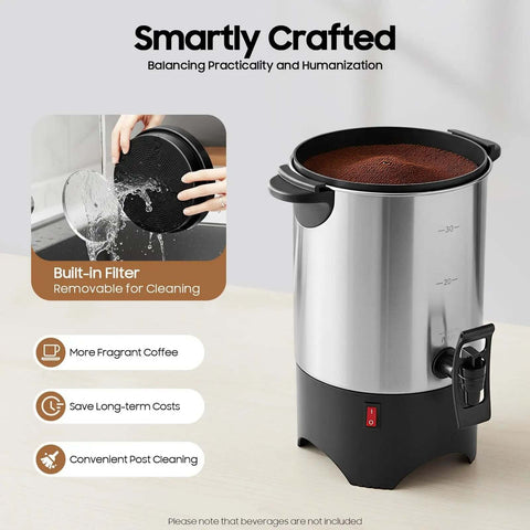 5.2L Heavy Duty Large Capacity Commercial Coffee Urn With Quick Brew For Offices, Catering And Churches, 30-Cup Percolator, Double Wall Stainless Steel