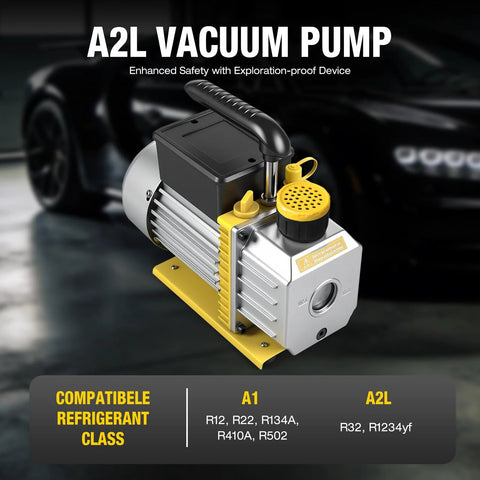 A2L vacuum pump with yellow accents and black handle; compact single-stage rotary vane AC service unit