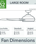 Diagram showing dimensions of 52 Inch Outdoor Indoor Ceiling Fan No Light Matte Black With Damp Rated 6 Blades Standard Mount.