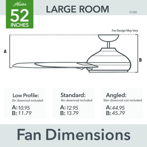 Diagram showing dimensions of 52 Inch Outdoor Indoor Ceiling Fan No Light Matte Black With Damp Rated 6 Blades Standard Mount.