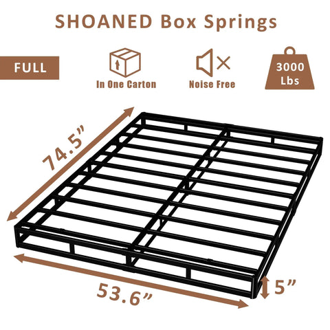 Full Size Box Spring And Mattress Foundation 5 Inch Low Profile Heavy Duty Metal Bed Base dimensions 74.5 x 53.6 x 5 inches.