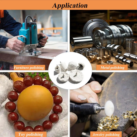 Six Piece Drill Buffing Wheel Kit with multi spec aluminum polishing wheels for metal, furniture, toy, and jewelry polishing.